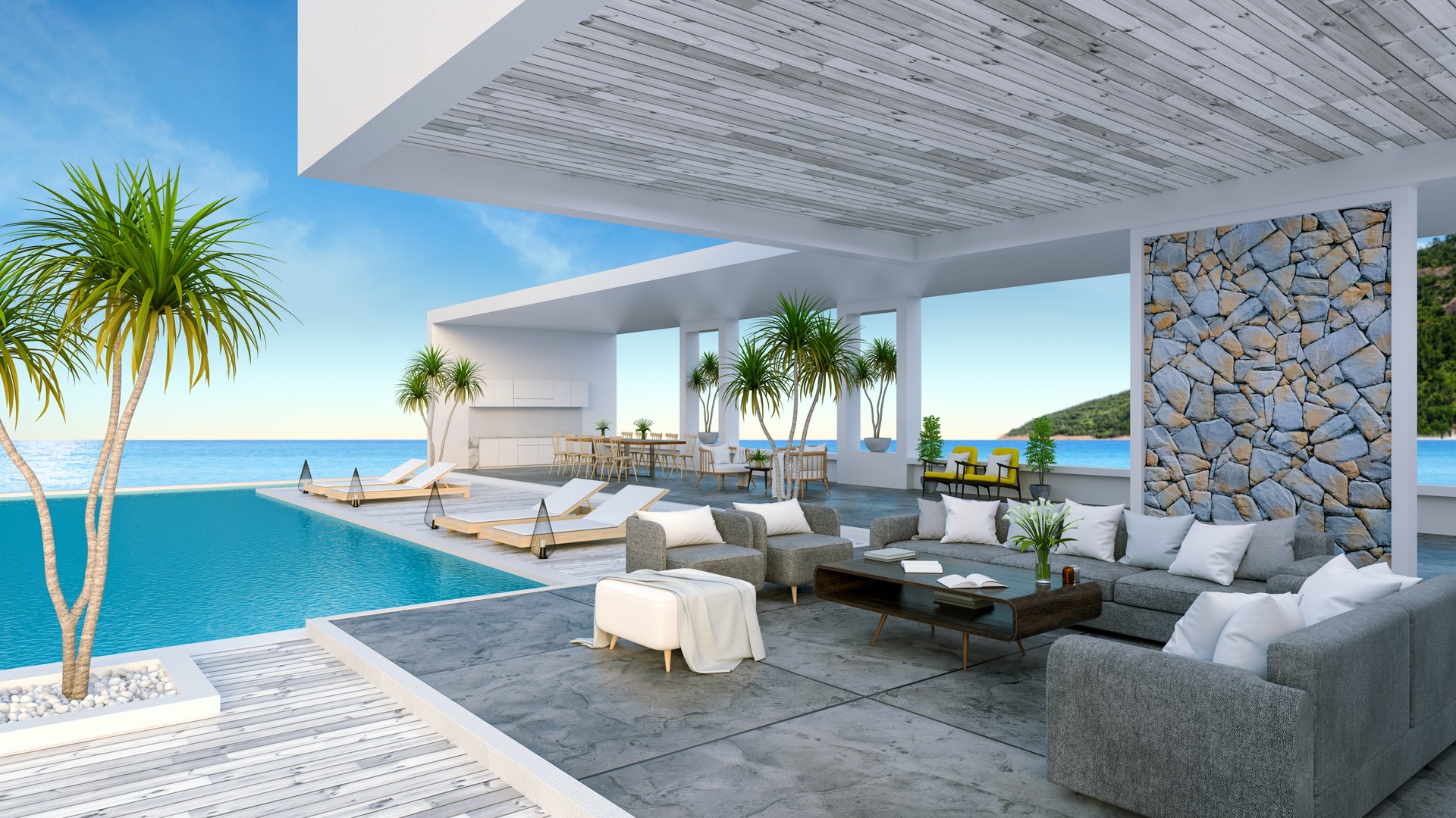 A Modern Beach House,  private swimming pool ,panoramic sky and sea view , 3d rendering